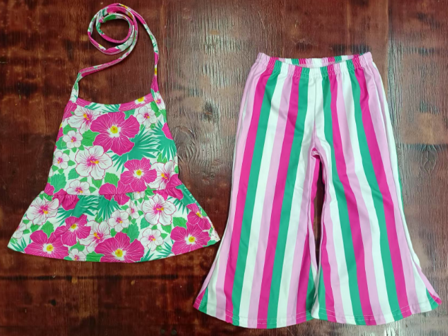 Preorder moq 5 Baby Girls Strap Floral Tunic Colorful Stripe Bell Bottom Pant Set