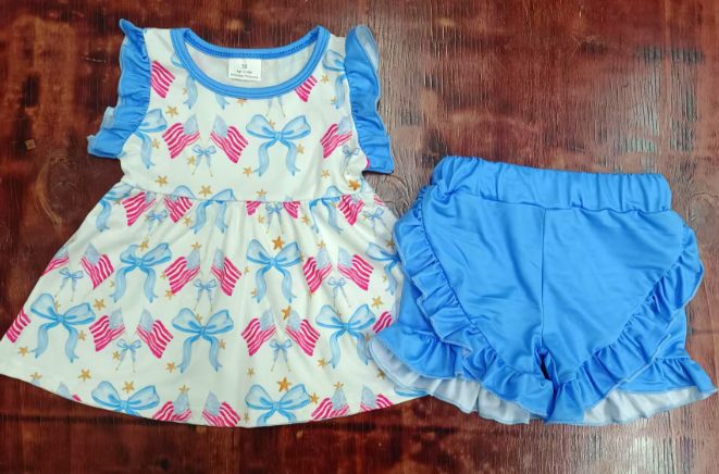 Preorder moq 5 Baby Girls Blue Sleeveless Red Flags Bows Tunic Ruffle Short 4th Of July Set
