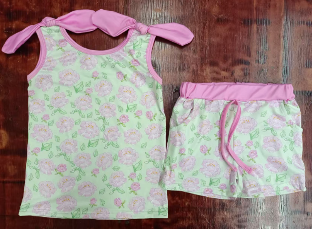 Preorder moq 5 Baby Girls Pink Strap Floral Top Pockets Short Set