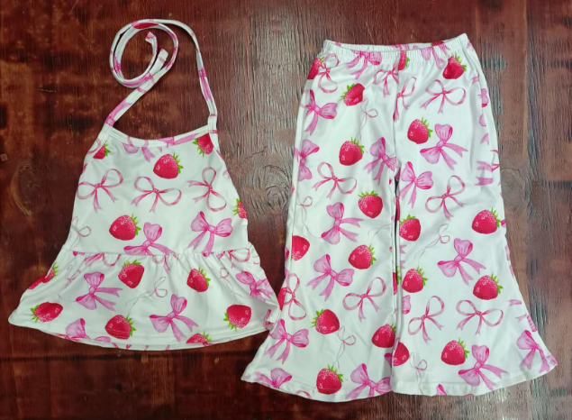 Preorder moq 5 Baby Girls Strap Pink Bows Strawberry Tunic Bell Bottom Pant Set