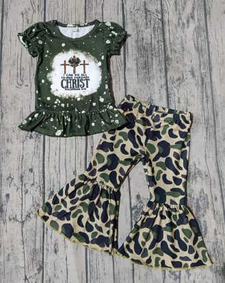 Preorder moq 5 Baby Girls Dark Green Cross Tunic Camo Bell Bottom Pant Easter Set
