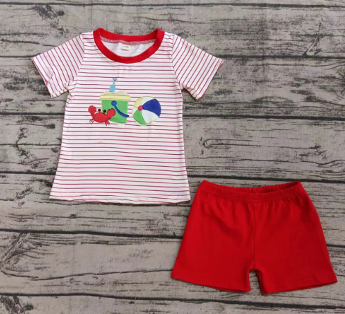 Preorder moq 5 Baby Boys Red Stripe Short Sleeves Crabs Beach Top Short Set