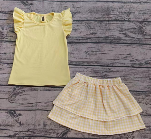 Preorder moq 5 Baby Girls Yellow Flutter Sleeves Top Plaid Ruffle Skirts Set