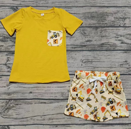 Preorder moq 5 Baby Boys Yellow Short Sleeves Pocket Top Excavators Short Sets