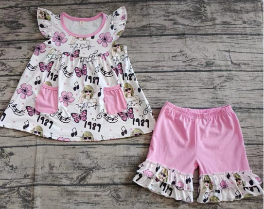 Preorder moq 5 Baby Girls Flutter Sleeves Butterfly Singers Pockets Tunic Ruffle Shorts Set