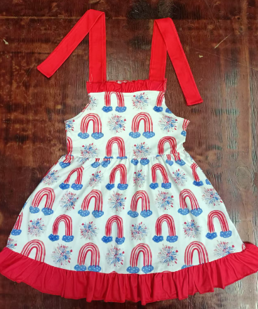 Preorder moq 5 Baby Girls Strap Blue Red Firework Rainbows 4th Of July Knee Length Dress