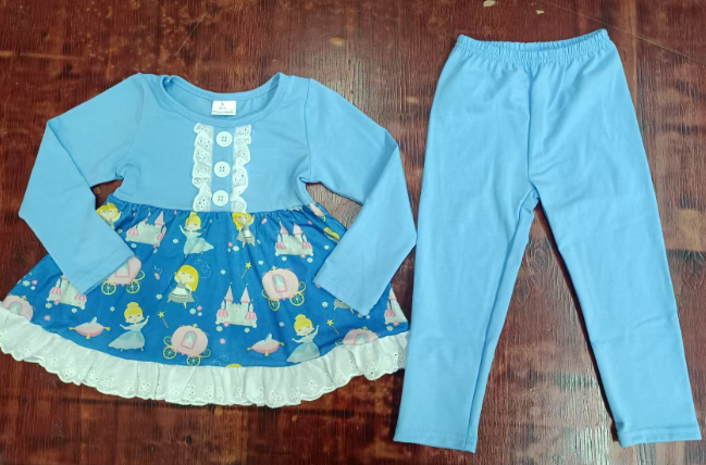 Preorder moq 5 Baby Girls Blue Long Sleeves Button Princess Castle Tunic Legging Pant Set