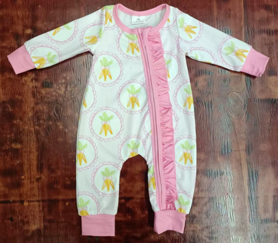 Preorder moq 5 Baby Girls Long Sleeves Carrots Plaid Easter Zipper Pant Rompers