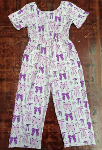 Preorder moq 5 Baby Girls Short Sleeves Lavender Bows Pockets Jumpsuits