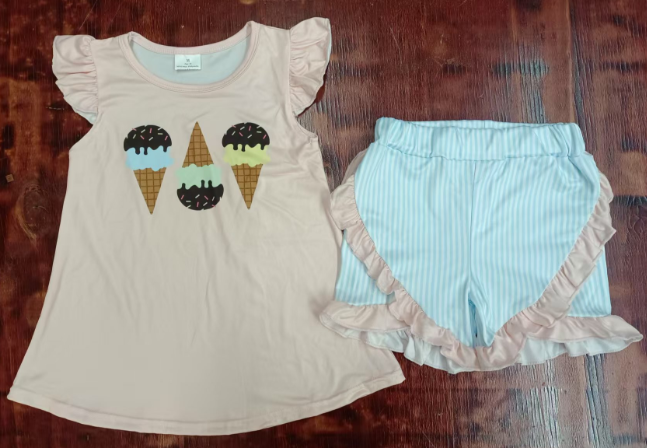 Preorder moq 5 Baby Girls Peach Flutter Sleeves Ice Cream Tunic Blue Stripe Ruffle Short Set