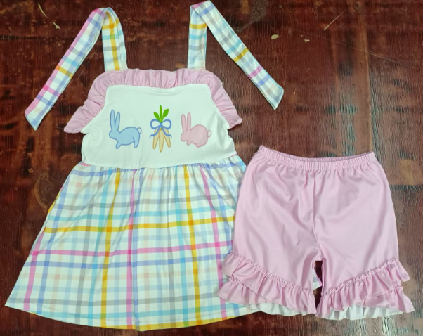 Preorder moq 5 Baby Girls Strap Bunny Carrots Colorful Plaid Tunic Pink Ruffle Shorts Easter Set