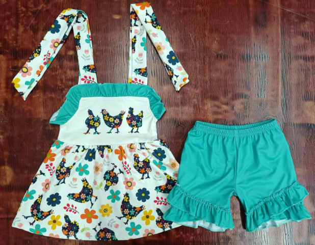Preorder moq 5 Baby Girls Strap Flowers Chick Tunic Pink Aqua Ruffle Shorts Farm Set