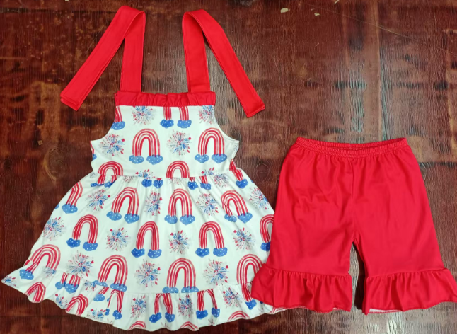 Preorder moq 5 Baby Girls Red Strap Blue Firework Rainbows Tunic Ruffle Shorts 4th Of July Set