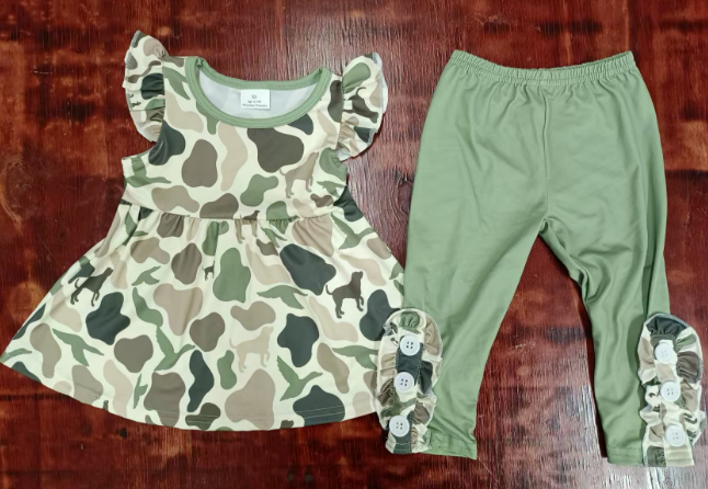 Preorder moq 5 Baby Girls Flutter Sleeves Green Ducks Dogs Camo Tunic Legging Pants Set