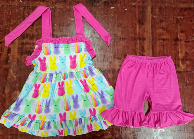 Preorder moq 5 Baby Girls Strap Colorful Bunny Tunic Pink Ruffle Shorts Easter Set
