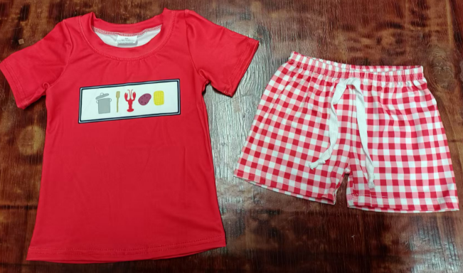 Preorder moq 5 Baby Boys Red Short Sleeves Crayfish Coin Top Plaid Short Set