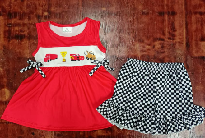 Preorder moq 5 Baby Girls Red Sleeveless Cartoon Cars Tunic Black Plaid Ruffle Short Set