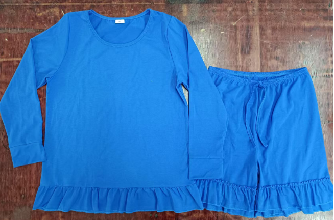 Preorder moq 5 Adult Women Blue Long Sleeves Ruffle Top Short Pajamas Sets