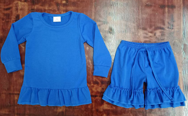 Preorder moq 5 Baby Girls Blue Long Sleeves Ruffle Top Shorts Pajamas Set
