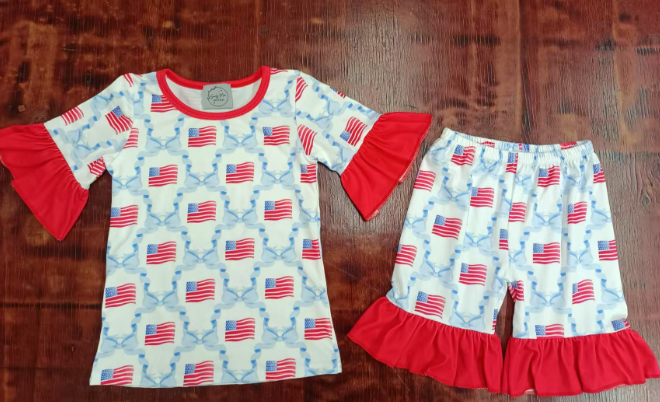 Preorder moq 5 Baby Girls Red Short Ruffle Sleeves Bows Flags Top Shorts 4th Of July Pajamas Set