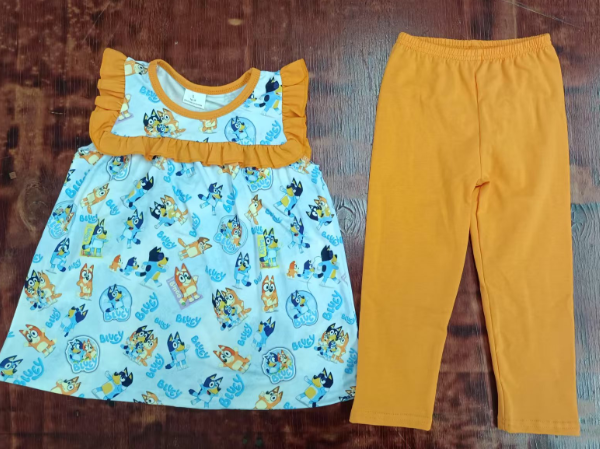 Preorder moq 5 Baby Girls Sleeveless Cartoon Dogs Tunic Orange Legging Pants Set