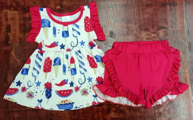 Preorder moq 5 Baby Girls Red Sleeveless Popsicle Firework Tunic Ruffle Short Set