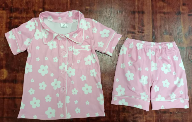 Preorder moq 5 Baby Girls Pink Short Sleeves Floral Button Pocket Top Short Pajamas Set