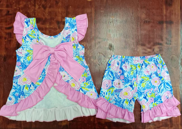 Preorder moq 5 Baby Girls Pink Flutter Sleeves Watercolor Floral Bow Tunic Ruffle Short Set