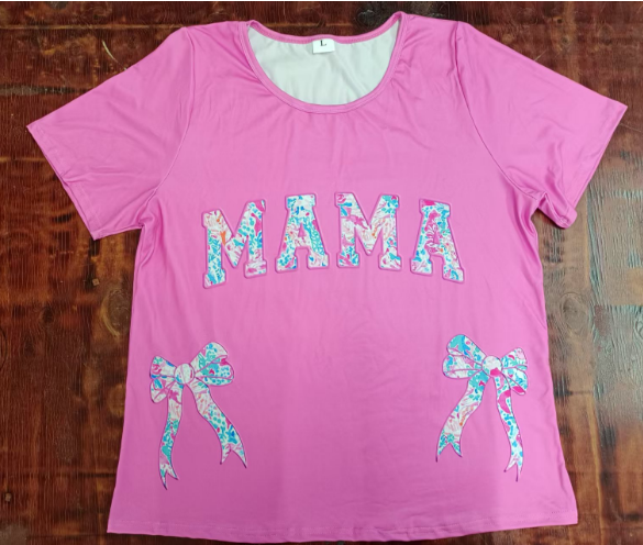 Preorder moq 5 Adult Women Pink Short Sleeves Floral MAMA Bows Tee Shirts Top