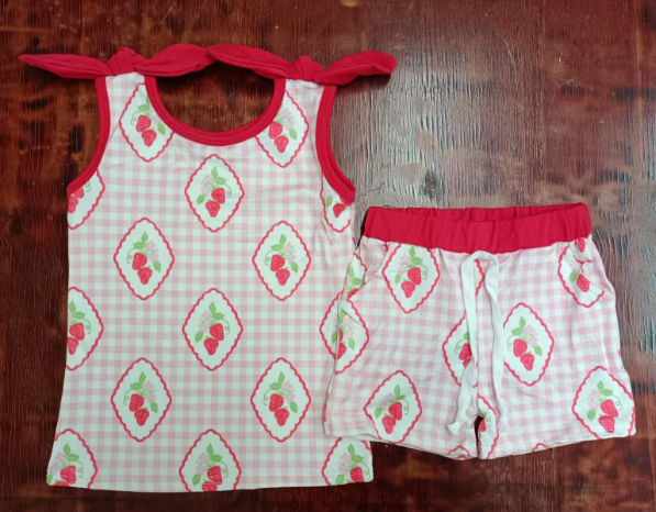 Preorder moq 5 Baby Girls Red Strap Strawberry Plaid Top Pockets Shorts Set