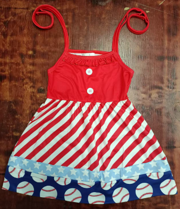 Preorder moq 5 Baby Girls Red Strap Button Stripe Blue Stars Baseballs 4th Of July Knee Length Dress