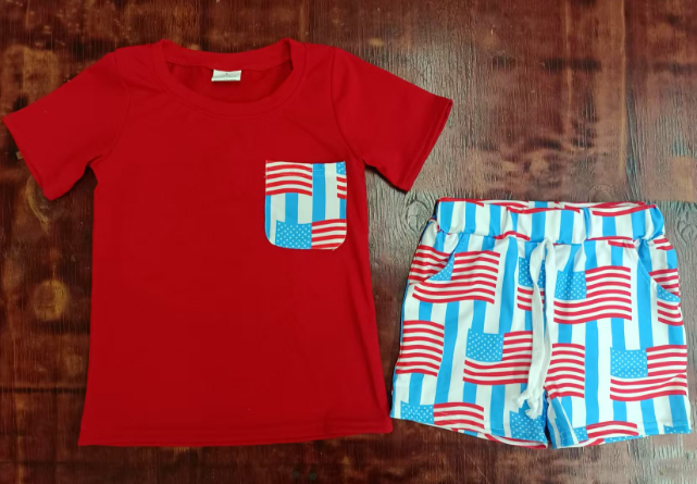 Preorder moq 5 Baby Boys Red Short Sleeves Pocket Top Flags Stripe Shorts 4th Of July Set