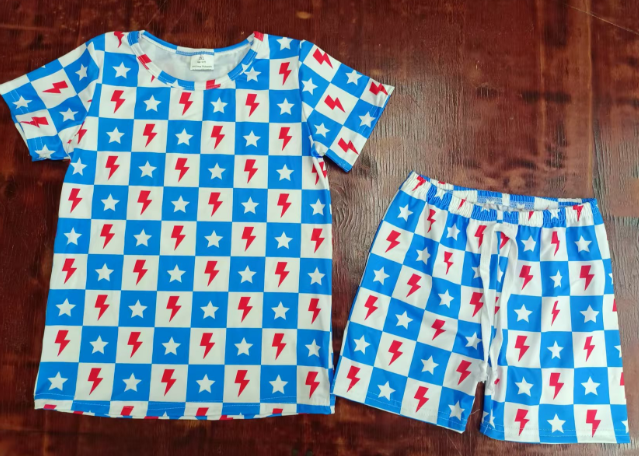 Preorder moq 5 Baby Boys Short Sleeves Blue Plaid Lightning Stars Top Shorts 4th Of July Pajamas Set