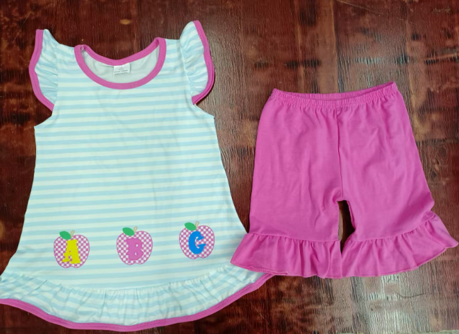 Preorder moq 5 Baby Girls Blue Stripe ABC Apples Tunic Ruffle Short Set