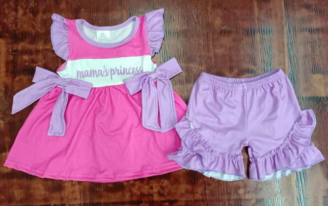 Preorder moq 5 Baby Girls Mama's Princess Lavender Bows Tunic Ruffle Shorts Set