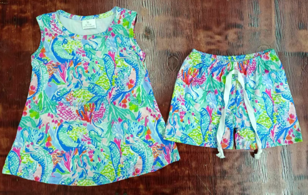 Preorder moq 5 Baby Girls Green Sleeveless Watercolor Sea Plants Tunic Short Sets