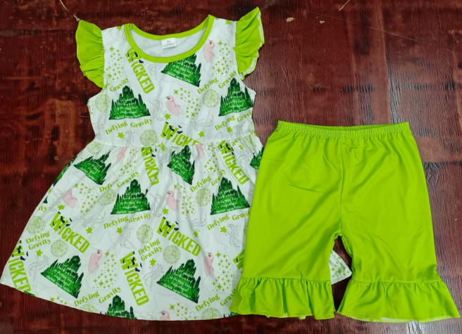 Preorder moq 5 Baby Girls Aqua Flutter Sleeves Wicked Castle Tunic Ruffle Short Sets