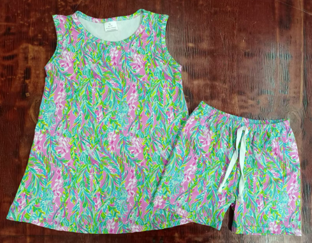 Preorder moq 5 Baby Girls Green Sleeveless Watercolor Floral Tunic Shorts Set
