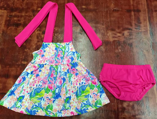Preorder moq 5 Baby Girls Pink Strap Watercolor Floral Tunic Ruffle Bummies Set