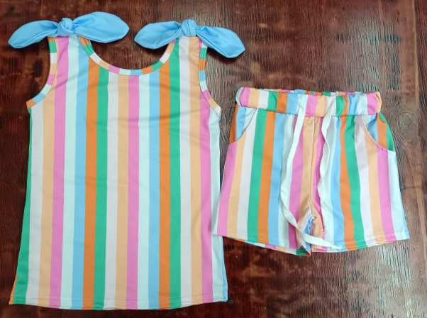 Preorder moq 5 Baby Girls Bows Sleeveless Colorful Stripe Top Pockets Short Set