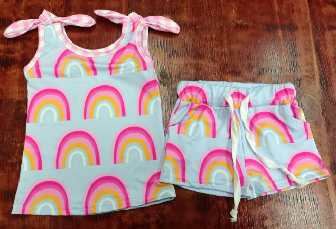 Preorder moq 5 Baby Girls Bows Sleeveless Pink Rainbows Top Pockets Short Set