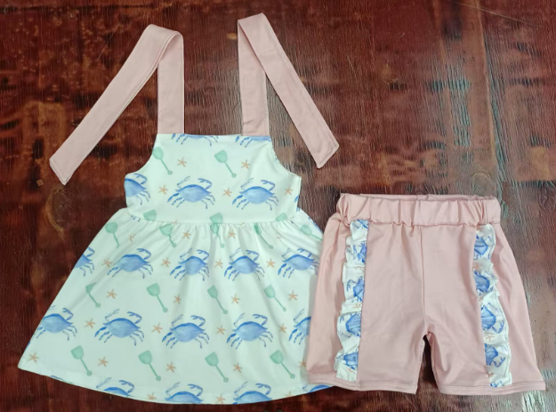 Preorder moq 5 Baby Girls Peach Strap Crabs Starfishes Tunic Ruffle Short Set