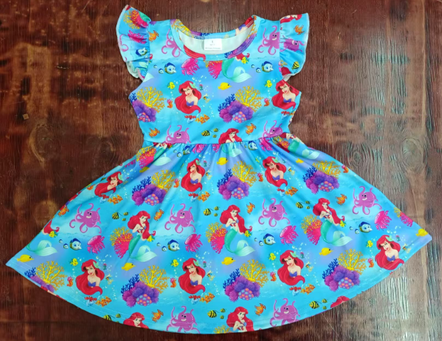 Preorder moq 5 Baby Girls Blue Flutter Sleeves Mermaid Fishes Knee Length Dress