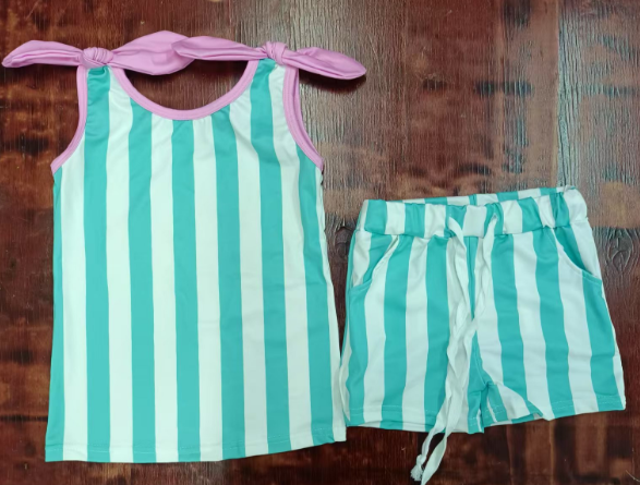 Preorder moq 5 Baby Girls Strap Aqua Stripe Top Pockets Short Set