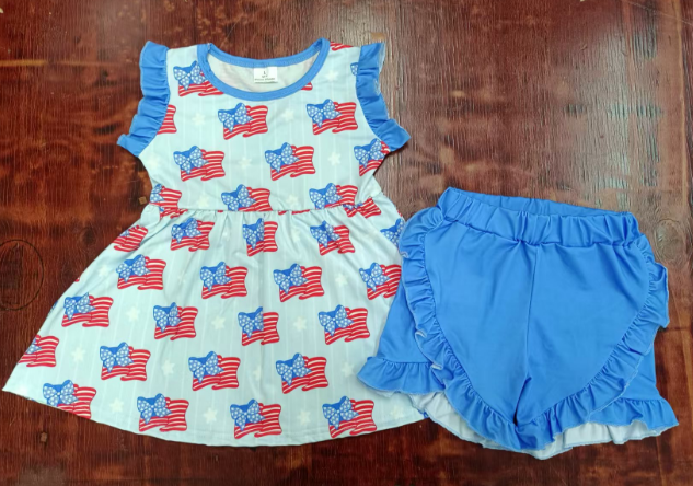 Preorder moq 5 Baby Girls Sleeveless Bows Flags Tunic Ruffle Short 4th Of July Set