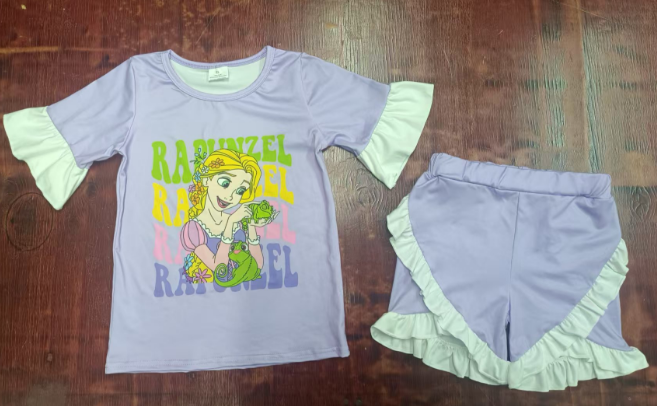 Preorder moq 5 Baby Girls Lavender Short Ruffle Sleeves Princess Top Short Pajamas Set