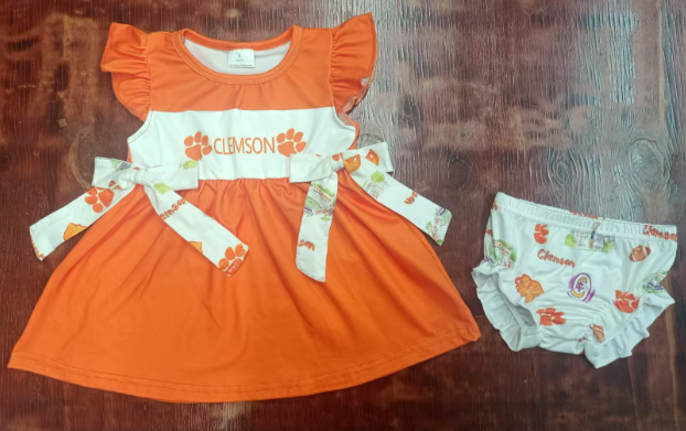 Preorder moq 5 Baby Orange Flutter Sleeves Clemson Bows Tunic Ruffle Bummies Set