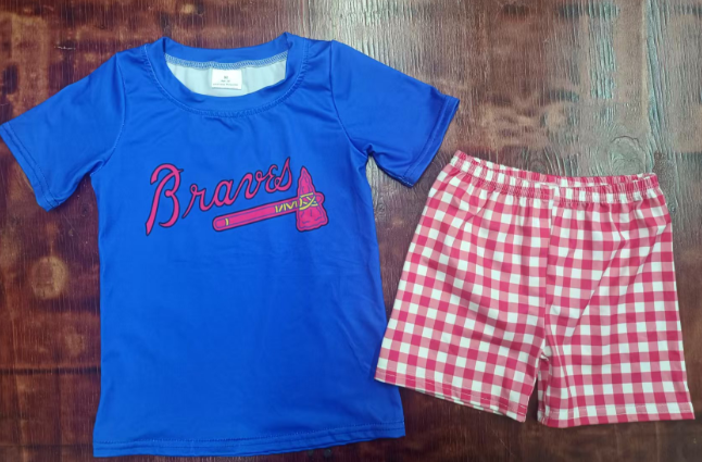 Preorder moq 5 Baby Girls Hot Blue Short Sleeves Bnaver Top Red Plaid Short Set