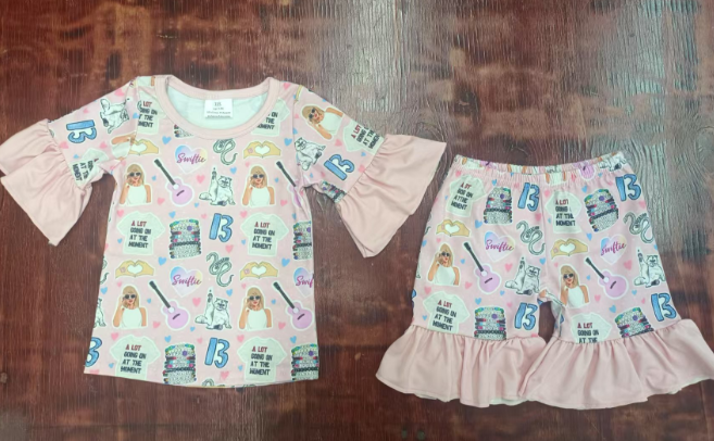 Preorder moq 5 Baby Girls Short Ruffle Sleeves Singers Guitars Top Short Pajamas Set