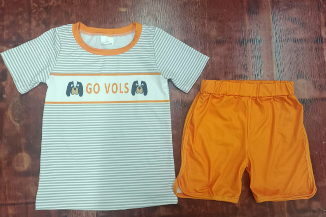 Preorder moq 5 Baby Boys Short Sleeves Go Vols Stripe Top Orange Short Set